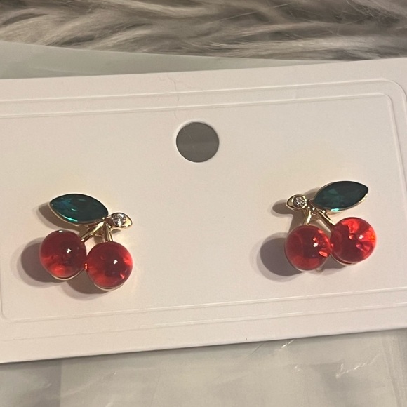 Red Cherry Stud Earrings Cute & Simple Design with Sparkling Rhinestones. - Picture 5 of 6